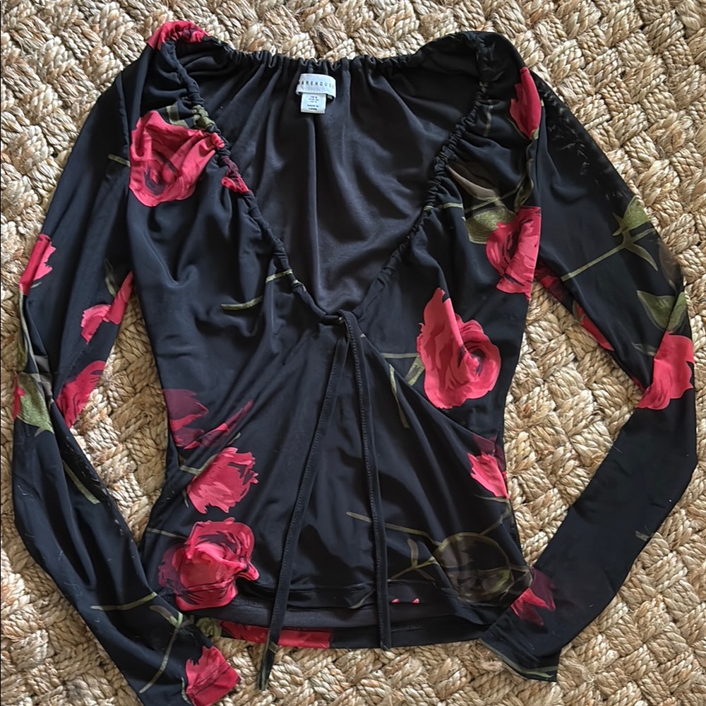Nasty Gal Black Floral Semi-Sheer Long Sleeve Top